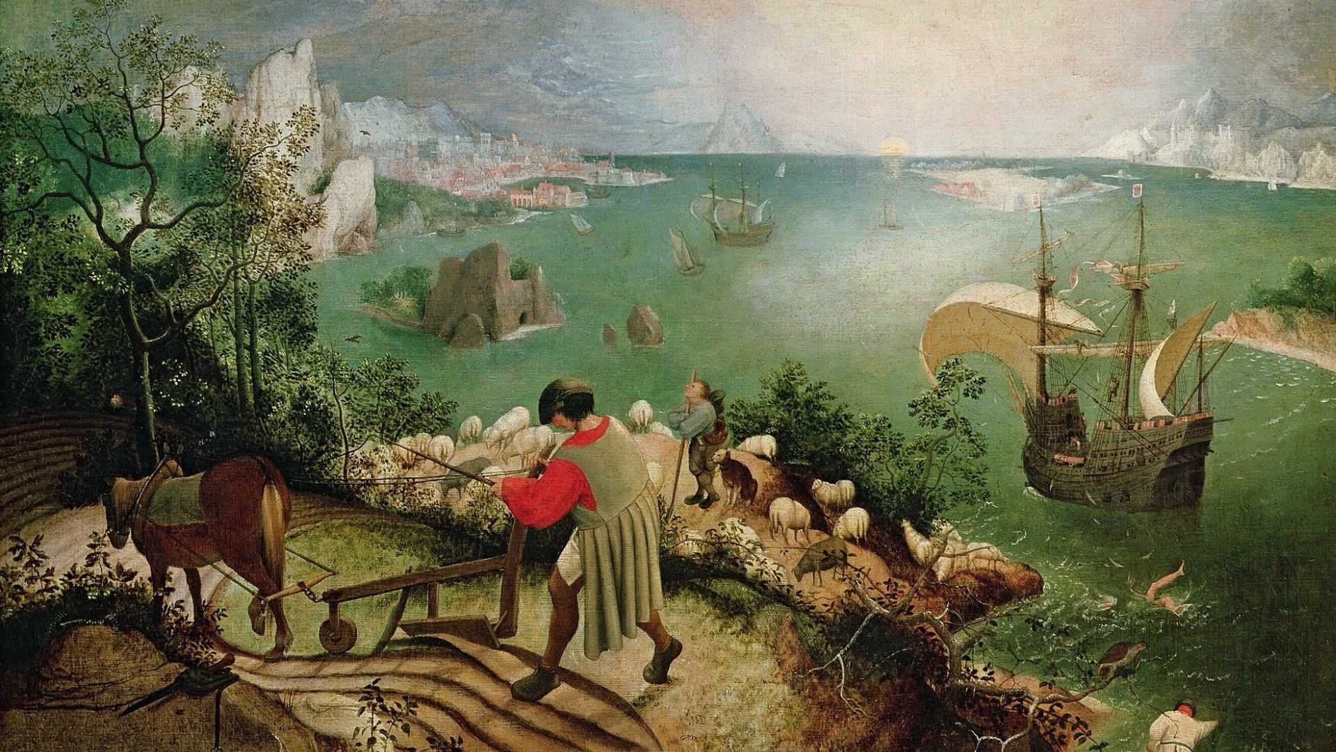 Bruegel's Landscape with the Fall of Icarus showing a plowman with horse, shepherd, sheep, sailing ship and Icarus in water