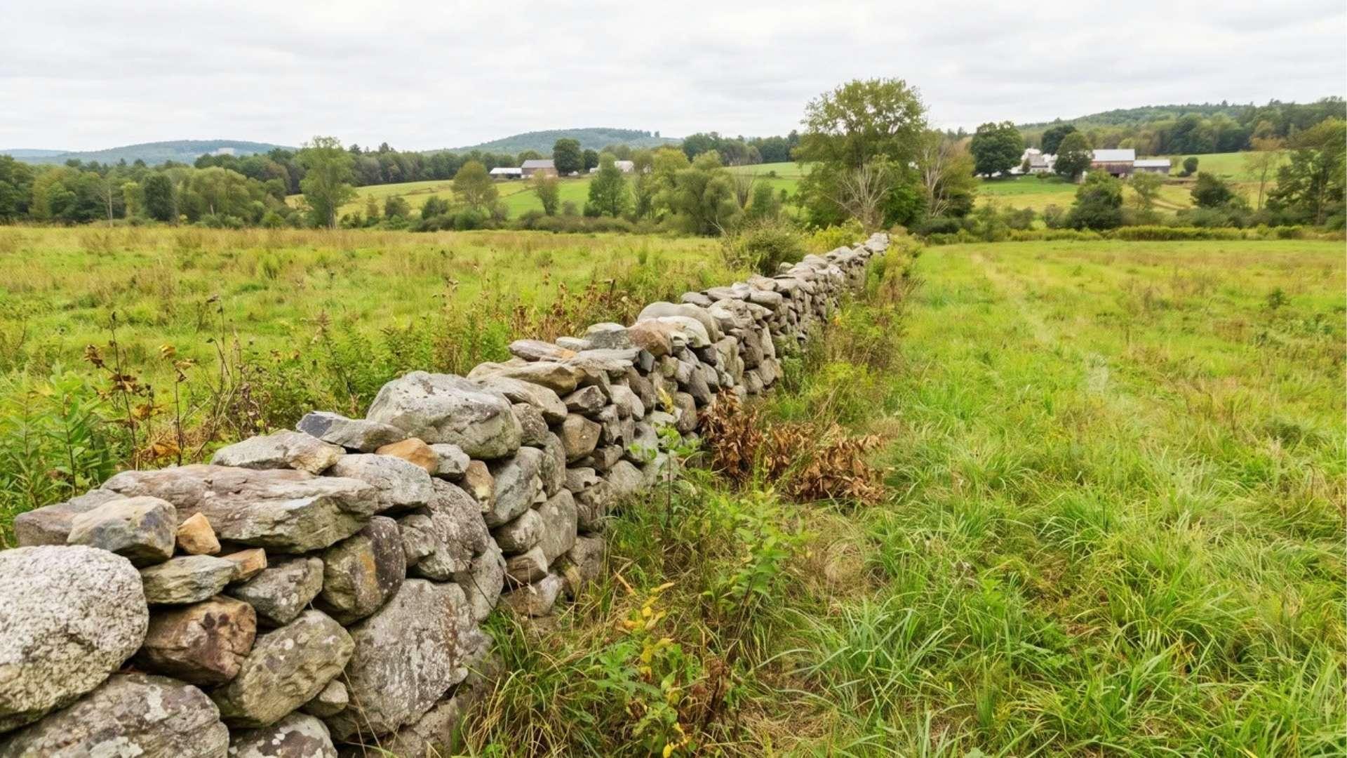 Stone wall dividing two neighboring rural properties.