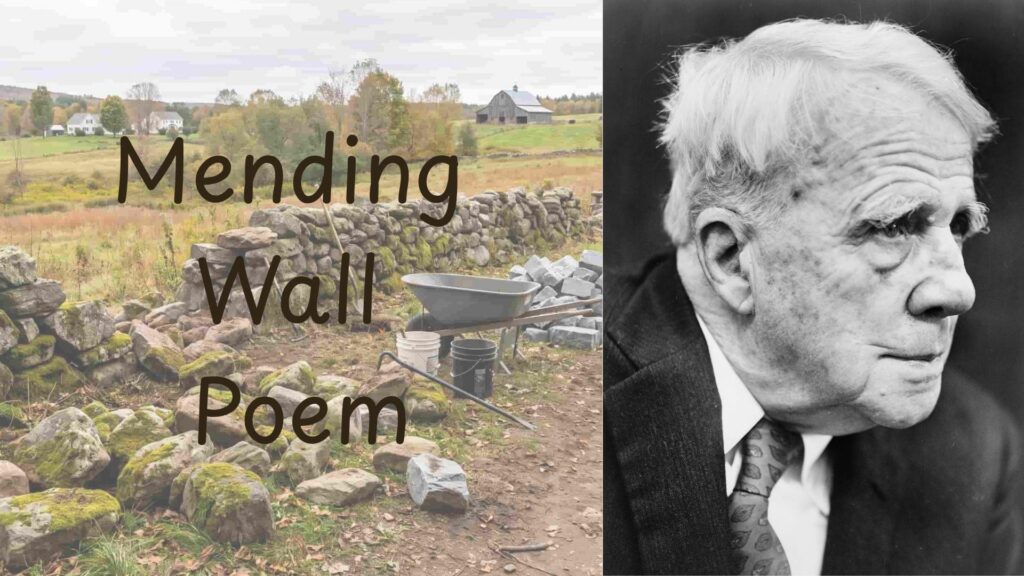 Black-and-white portrait beside a forest road with “Mending Wall Poem” text.