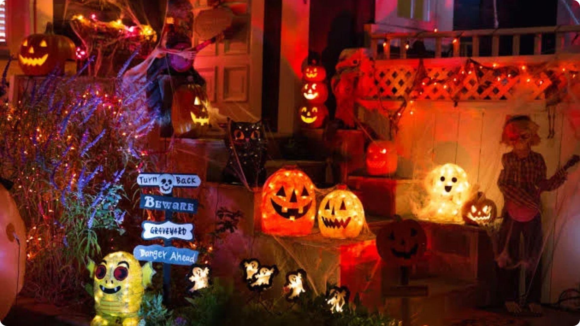 Glowing jack-o'-lanterns and spooky lights decorate a yard.