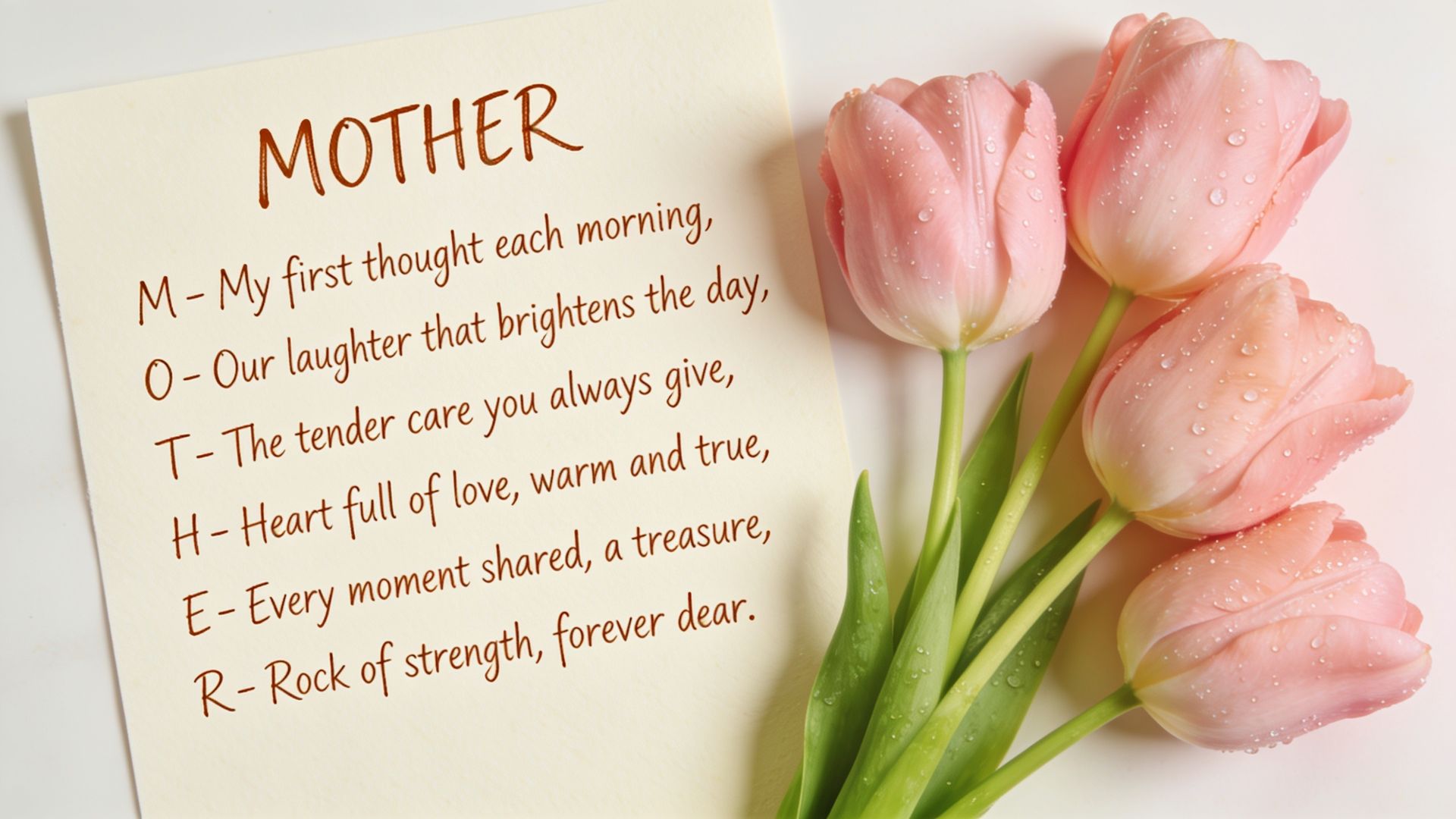Handwritten Mother’s Day acrostic poem spelling MOTHER on cream cardstock.