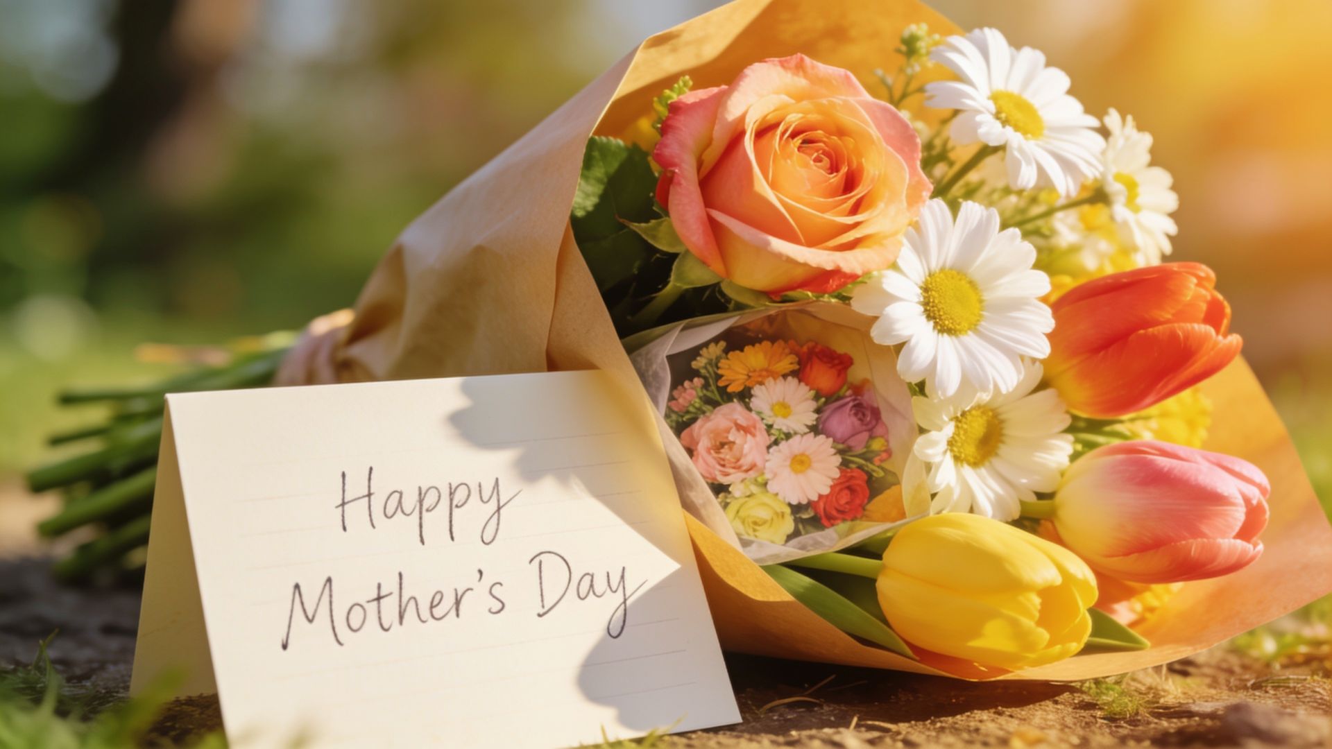 A handwritten Mother’s Day poem card around a bouquet of spring flowers.