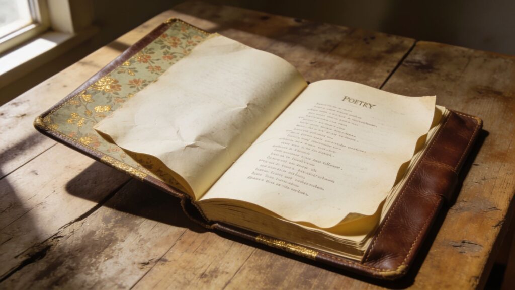 Open rusted poetry book on a wooden table.
