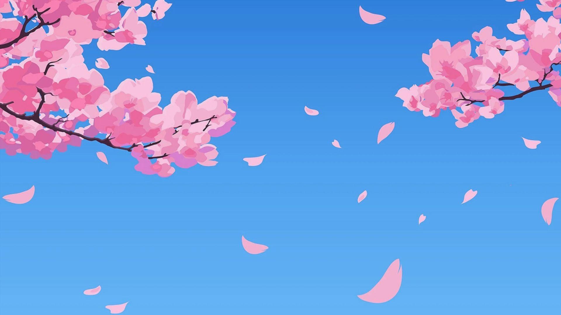 Pink cherry blossom branches with petals falling against a bright blue sky