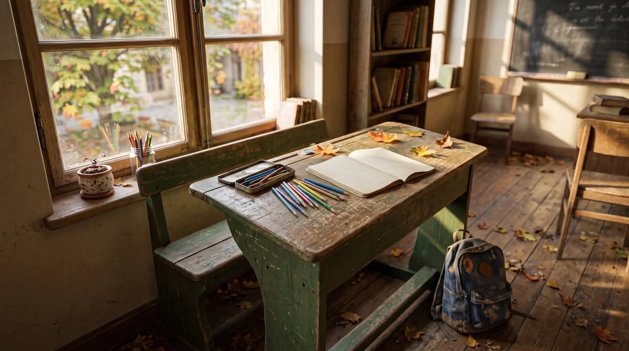 A nostalgic classroom setting filled with childhood objects and warm natural light.