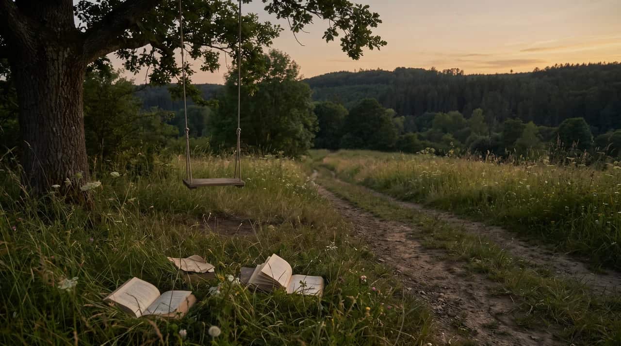 A nostalgic childhood setting transitioning into a quiet landscape symbolising the bittersweet experience of growing up.