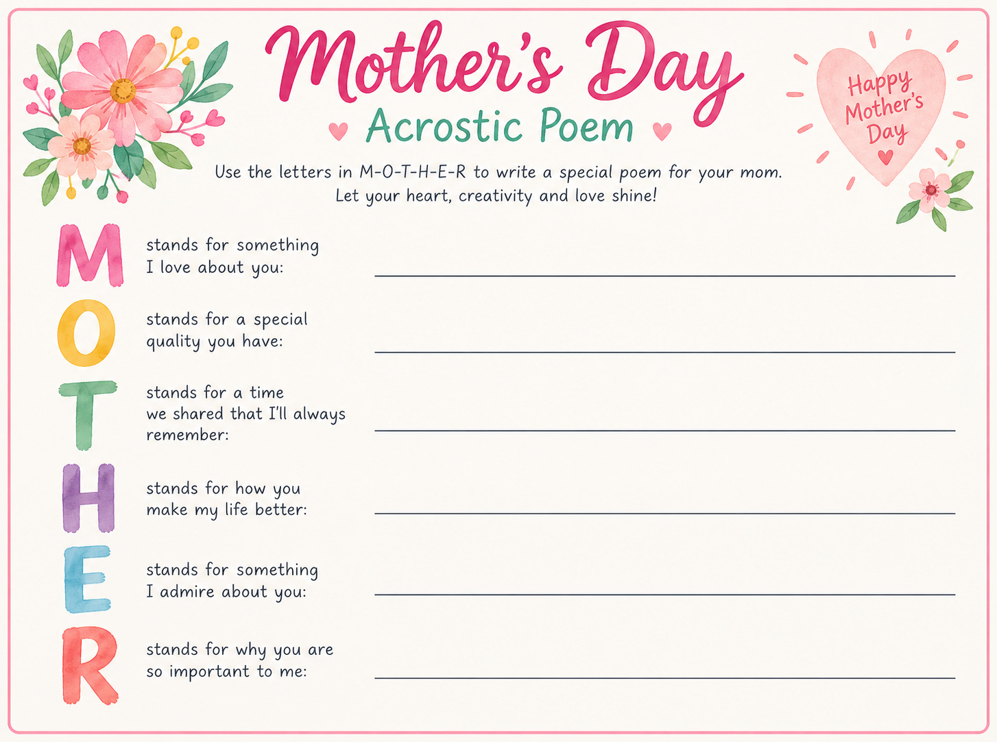 Printable Mother’s Day acrostic poem template with the letters of MOTHER.