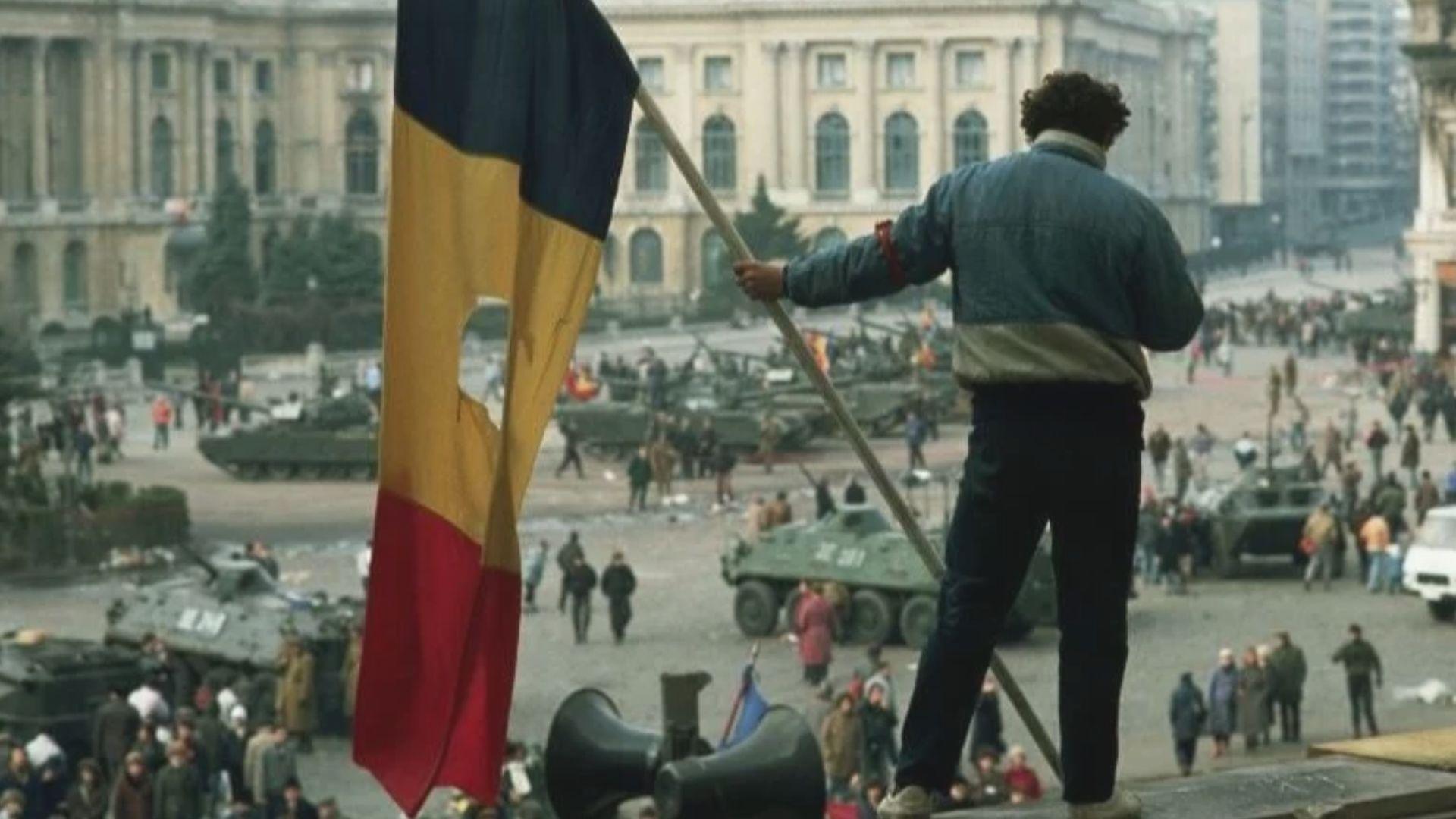 Romanian Revolution scene with protesters, tanks, and a Romanian flag in Bucharest.