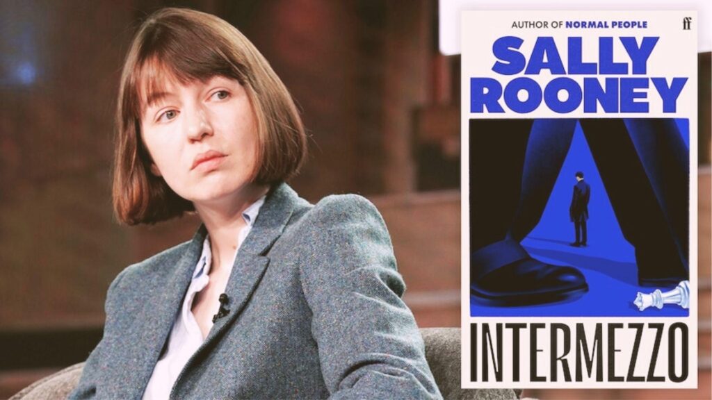 Book cover of Intermezzo by Sally Rooney beside a photo of the author in a grey blazer.