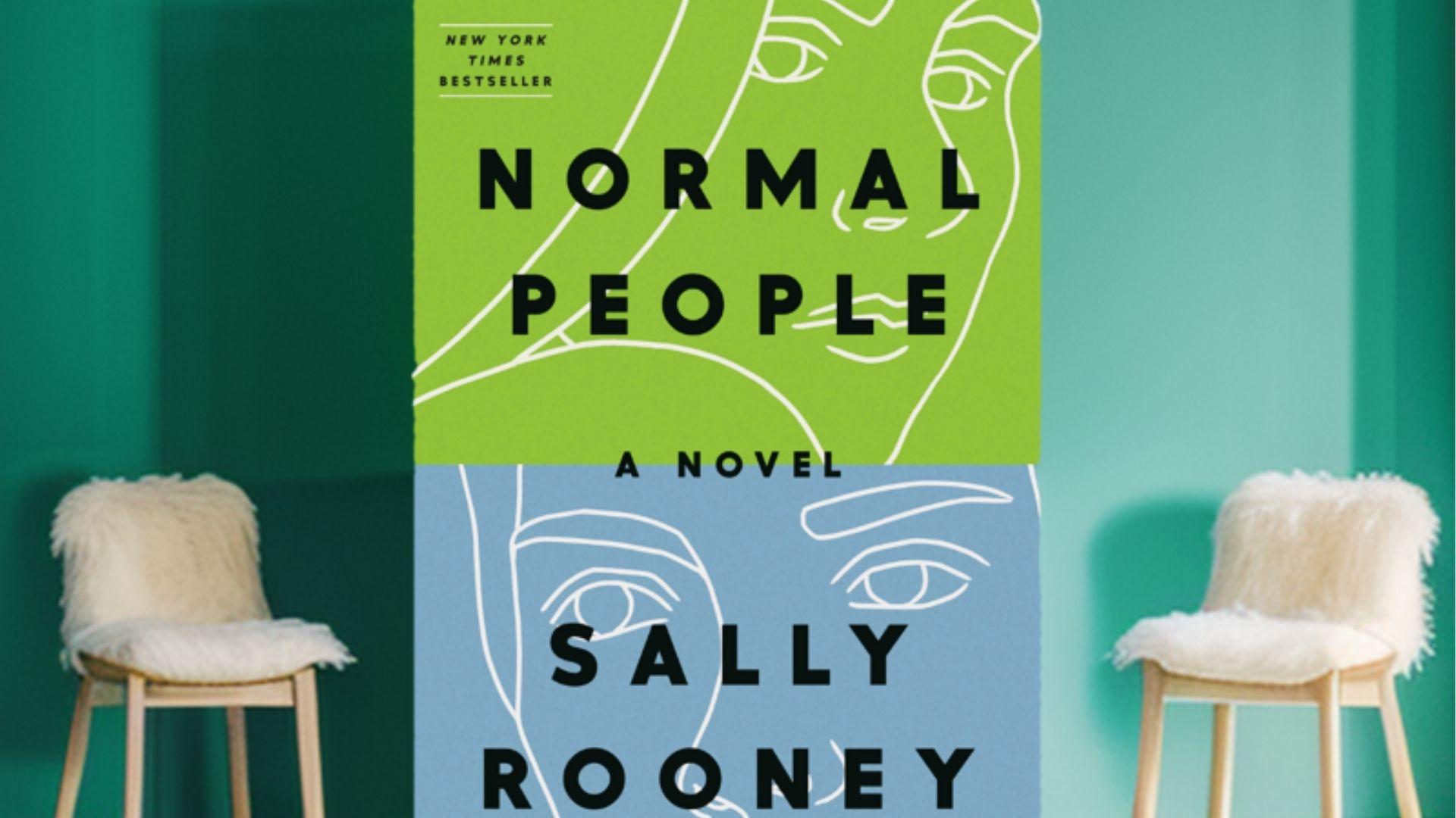 Cover of Normal People by Sally Rooney displayed between two minimalist chairs against a teal background.