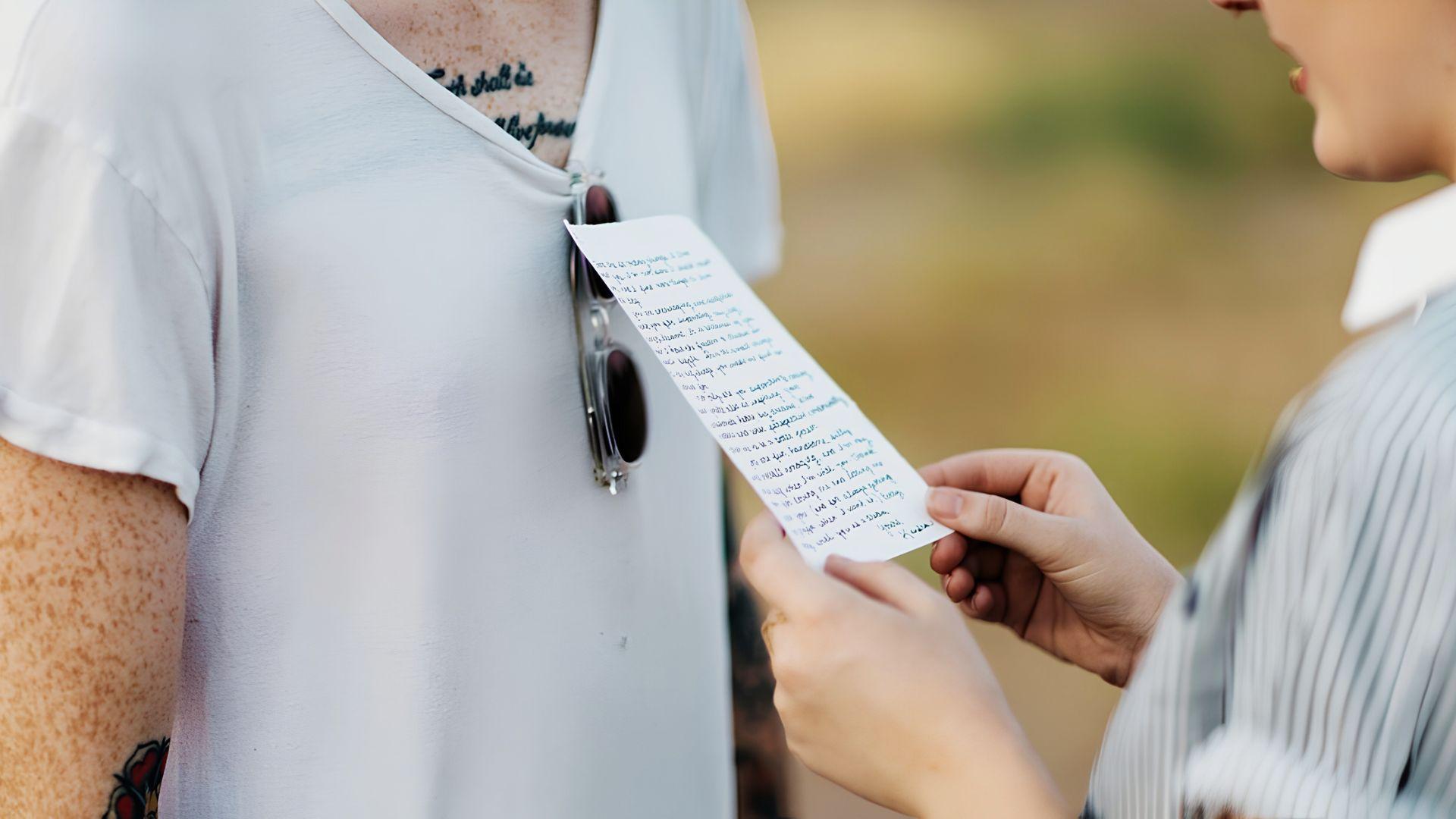 Partner hands handwritten anniversary poem note outdoors.