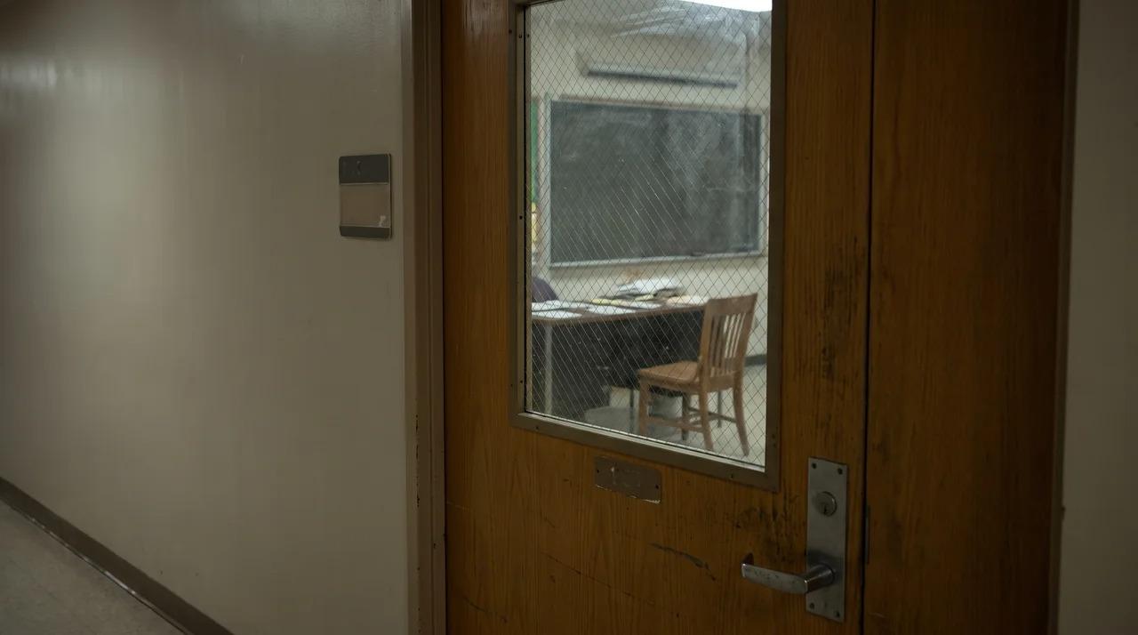 Closed classroom door with a desk and chair visible through the window.