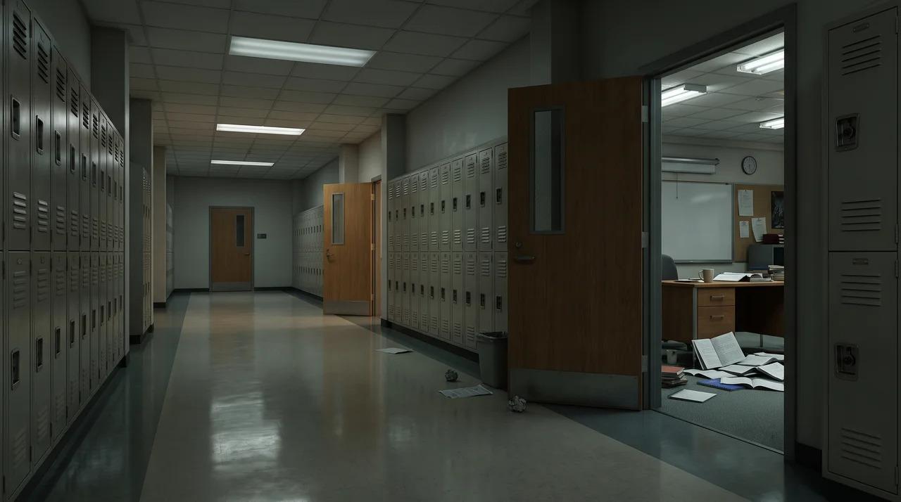 Empty high school hallway with classroom doors and a teacher desk visible.