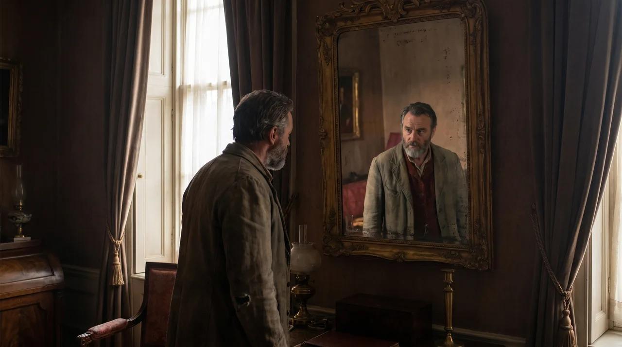Man standing before a mirror and looking thoughtfully at his own reflection