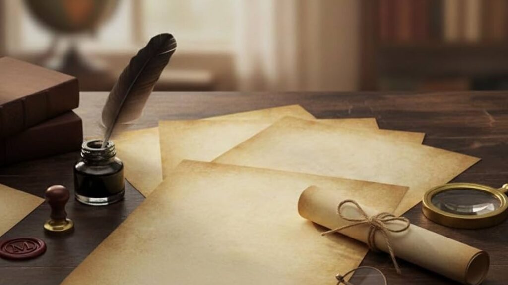 Vintage wooden desk with feather quill in ink bottle, blank parchment papers, rolled scroll tied with twine, wax seal and magnifying glass